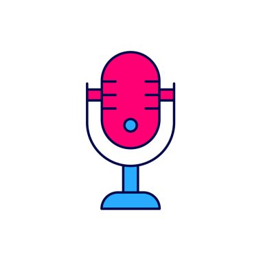 Beyaz arkaplanda izole edilmiş ana hatlı mikrofon simgesi. Radyodaki mikrofondan. Sözcü işareti. Vektör