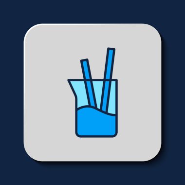 Mavi arka planda izole edilmiş ana hatlı laboratuvar cam süslemesi ya da beher ikonu. Vektör