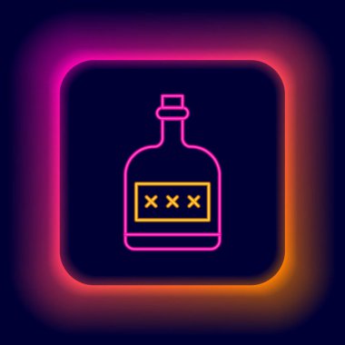 Parlayan neon hattı Alkol, siyah arka planda izole edilmiş rom şişesi ikonu. Renkli taslak konsepti. Vektör