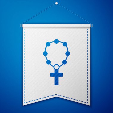 Blue Rosary beads religion icon isolated on blue background. White pennant template. Vector