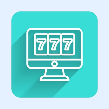 Beyaz Hat Online kumar makinesi. Uzun gölgeyle izole edilmiş şanslı yedinci büyük ikramiye ikonu. İnternetteki kumarhane. Yeşil kare düğmesi. Vektör.