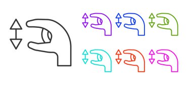 Black line Human standing and showing the size of something with his hands icon isolated on white background. Approximate measurements. Set icons colorful. Vector.