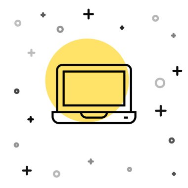 Siyah çizgi dizüstü bilgisayar simgesi beyaz arkaplanda izole edildi. Boş ekran işaretli bilgisayar defteri. Rastgele dinamik şekiller. Vektör.