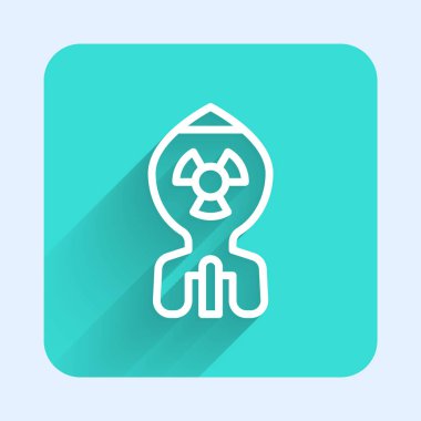 White line Nuclear bomb icon isolated with long shadow background. Rocket bomb flies down. Green square button. Vector