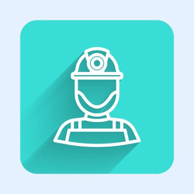 White line Miner in a helmet icon isolated with long shadow background. Green square button. Vector