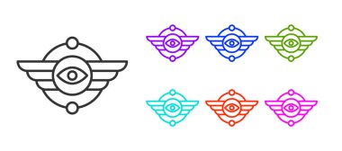 Black line Egyptian symbol Winged sun icon isolated on white background. Set icons colorful. Vector