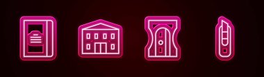 Set line Spiral notebook, School building, Pencil sharpener and Stationery knife. Glowing neon icon. Vector