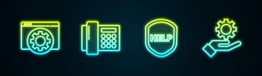 Set line Browser setting, Telephone, Shield with text Help and Settings the hand. Glowing neon icon. Vector