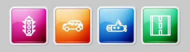 Set line Traffic light, Hatchback car, Submarine and Road. Colorful square button. Vector