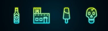 Set line Tabasco sauce, Mexican house, Popsicle ice cream and Skull. Glowing neon icon. Vector