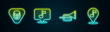 Set line Guitar pick, Musical note, Trumpet and Location musical. Glowing neon icon. Vector