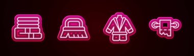 Set line Towel stack, Brush for cleaning, Bathrobe and Toilet paper roll. Glowing neon icon. Vector