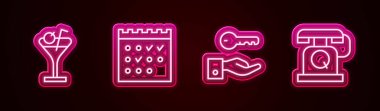 Set line Martini glass, Hotel booking calendar, door lock key and Telephone handset. Glowing neon icon. Vector
