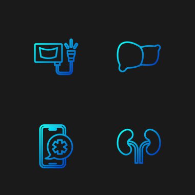 Set line Human kidneys, Emergency phone call, Ultrasound and organ liver. Gradient color icons. Vector