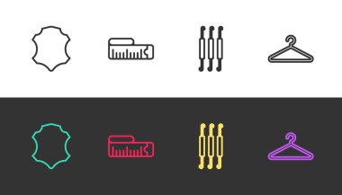 Set line Leather, Tape measure, Crochet hook and Hanger wardrobe on black and white. Vector