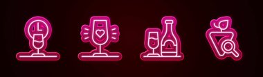Set line Wine time, glass, bottle with and Grapes. Glowing neon icon. Vector