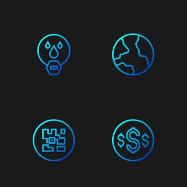 Set line Dollar symbol, QR code, Water drop forbidden and Worldwide. Gradient color icons. Vector