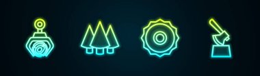 Set line Grapple crane grabbed a log, Christmas tree, ircular saw blade and Wooden axe in stump. Glowing neon icon. Vector
