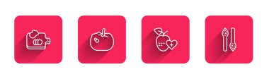 Set line Cutting board with vegetables, Pumpkin, Healthy fruit and Asparagus with long shadow. Red square button. Vector