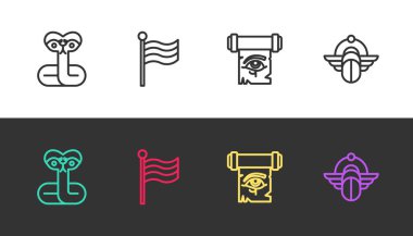 Set line Snake, Flag Of Egypt, Eye of Horus on papyrus scroll and Egyptian Scarab on black and white. Vector