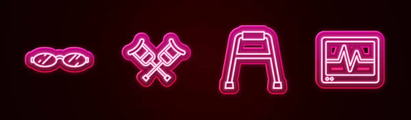 Set line Eyeglasses, Crutch or crutches, Walker and Monitor with cardiogram. Glowing neon icon. Vector