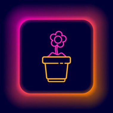 Siyah arkaplanda izole edilmiş tencere simgesinde parlayan neon hattı çiçeği. Tencerede yetişen bir bitki. Saksı bitkisi işareti. Renkli taslak konsepti. Vektör
