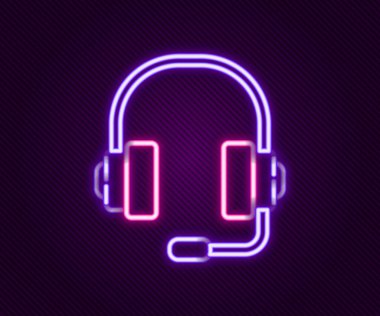Parlayan neon hattı kulaklık simgesi siyah arkaplanda izole edildi. Müşteri hizmetleri, yardım hattı, çağrı merkezi, faq, bakım. Renkli taslak konsepti. Vektör