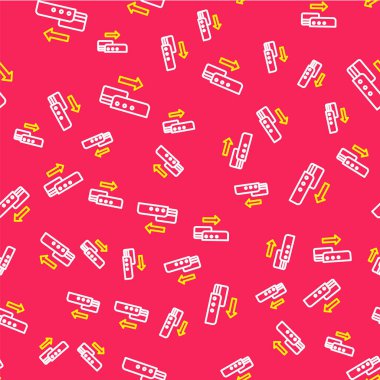 Line Pos terminal with inserted credit card icon isolated seamless pattern on red background. Payment terminal transaction. Pay by card.  Vector