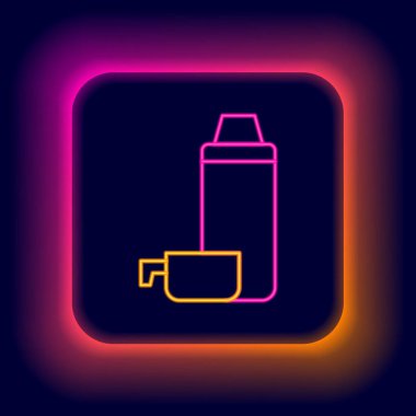 Parlayan neon hattı termos konteynır simgesi siyah arkaplanda izole edildi. Termo matara ikonu. Kamp ve yürüyüş ekipmanları. Renkli taslak konsepti. Vektör