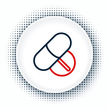 Beyaz arka planda izole edilmiş çizgi ilacı veya tablet ikonu. Kapsül hapı ve uyuşturucu işareti. Eczane tasarımı. Renkli taslak konsepti. Vektör