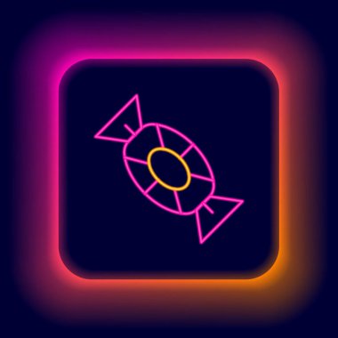 Parlayan neon hattı Candy simgesi siyah arkaplanda izole edildi. Mutlu Cadılar Bayramı Partisi. Renkli taslak konsepti. Vektör