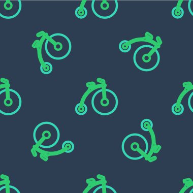 Line Vintage bicycle with one big wheel and one small icon isolated seamless pattern on blue background. Bike public transportation sign.  Vector