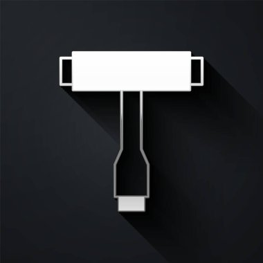 Silver Multi-Function All-In-One portable skate tool T-tool for skateboard, longboard, electric skateboard icon isolated on black background. Long shadow style. Vector