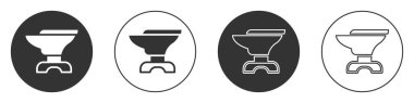 Black Anvil for blacksmithing and hammer icon isolated on white background. Metal forging. Forge tool. Circle button. Vector