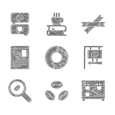 Set Donut with sweet glaze, Coffee beans, machine, Street signboard coffee, Selection, Newspaper and, Sugar stick packets and conversation icon. Vector