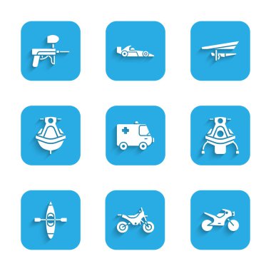 Set Ambulance and emergency car, Mountain bike, Motorcycle, Snowmobile, Kayak canoe, Jet ski, Hang glider and Paintball gun icon. Vector
