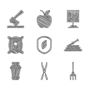 Set Shield with leaf, Gardening handmade scissors, rake, hose fire hose, light lamp, Pack full of seeds of plant, Tree and Wooden axe icon. Vector