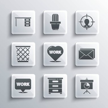 Set Drawer with documents, Chalkboard diagram, Envelope, Heart text work, Location, Trash can, Office desk and Head hunting concept icon. Vector