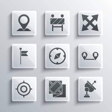 Set Folded map, Radar, Route location, Compass, Target sport, Location marker,  and Road traffic sign icon. Vector