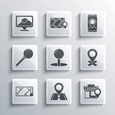 Set Location, with store, Push pin, Gps device map,  and City navigation icon. Vector