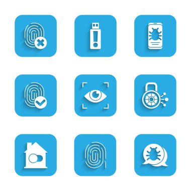 Set Eye scan, Fingerprint, System bug, Cyber security, Smart home, on mobile and Cancelled fingerprint icon. Vector