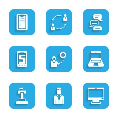Set Marketing target strategy, Worker, Computer monitor, Laptop, Stage stand tribune, Chat messages phone, Speech bubble chat and Clipboard with checklist icon. Vector
