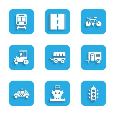 Set Wild west covered wagon, Cargo ship, Traffic light, Rv Camping trailer, Taxi car, Tractor, Bicycle and Train and railway icon. Vector