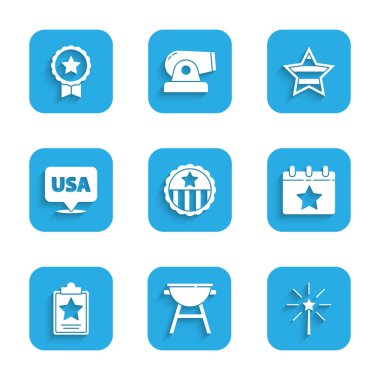 Set Medal with star, Barbecue grill, Firework, Calendar date July 4, USA Independence day,  and  icon. Vector