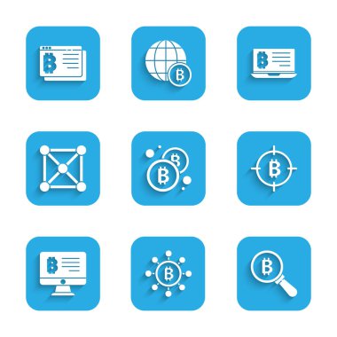Set Bitcoin, Blockchain technology, Magnifying glass with, the target, Mining bitcoin from monitor, laptop and browser icon. Vector