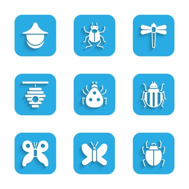 Set Ladybug, Butterfly, Mite, Colorado beetle, Hive for bees, Dragonfly and Beekeeper hat icon. Vector