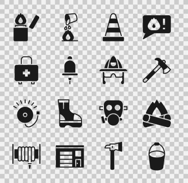 Set Fire bucket, Campfire, Firefighter axe, Traffic cone, Ringing alarm bell, First aid kit, Lighter and helmet icon. Vector