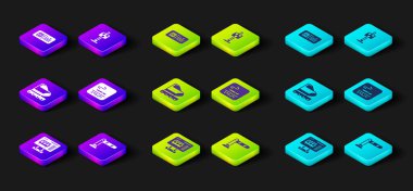 Set Ticket office to buy tickets, Railway barrier, High-speed train, Smoking area, Train traffic light and QR code icon. Vector