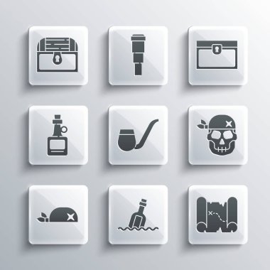 Set Bottle with message in water, Pirate treasure map, Skull, Smoking pipe, bandana for head, Alcohol drink Rum, Antique chest and  icon. Vector