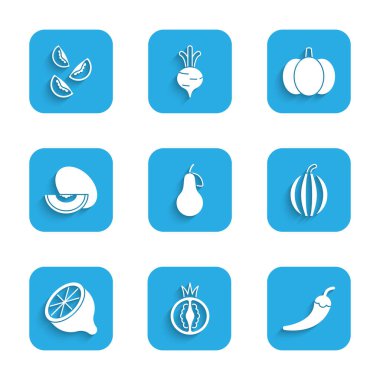 Set Pear, Tomato, Hot chili pepper pod, Watermelon, Lemon, Melon fruit, Pumpkin and  icon. Vector